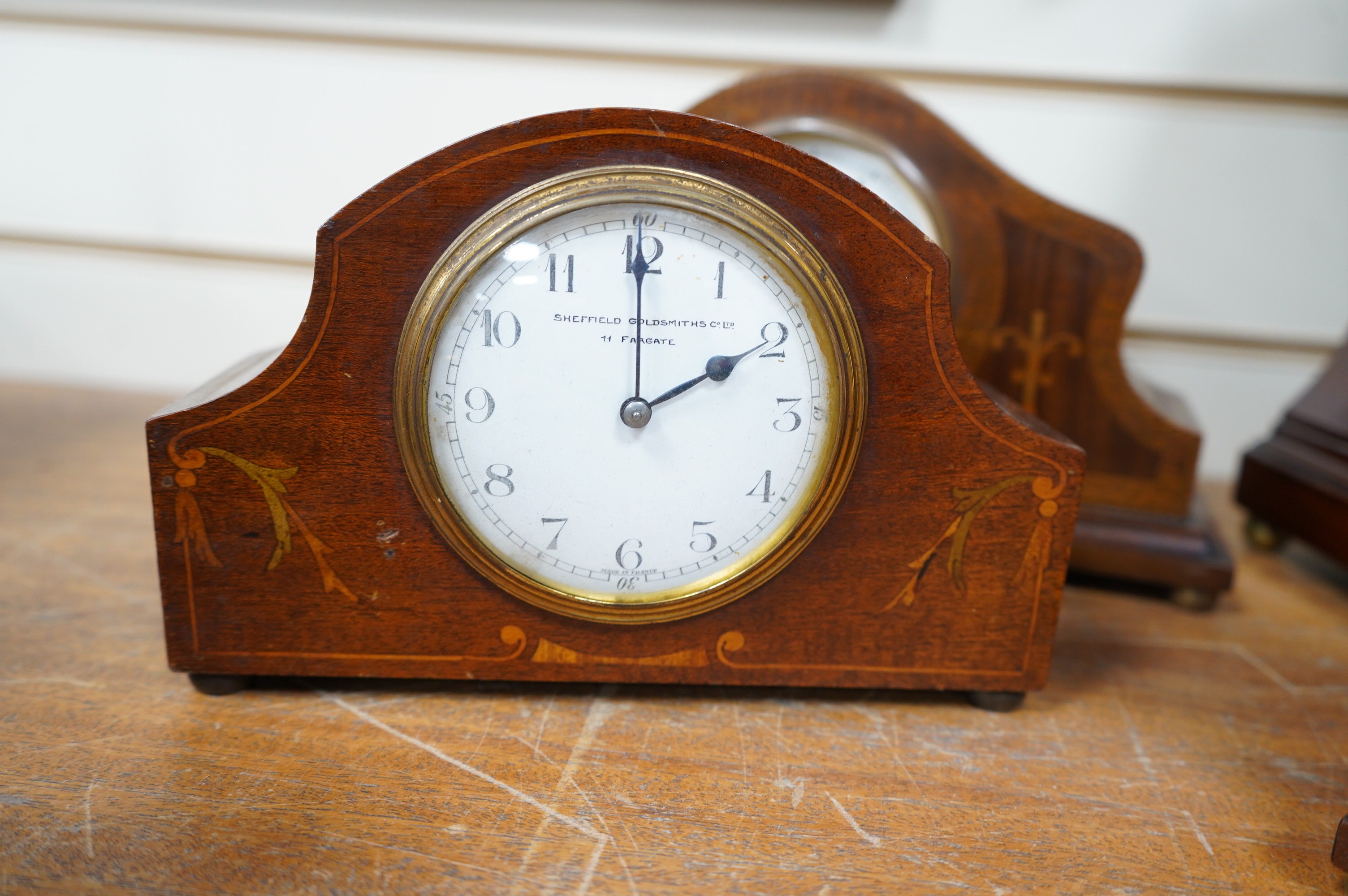 Sundry items to include four Edwardian inlaid mantel clocks, a barometer and a skeleton clock (7). Condition - mostly fair, untested